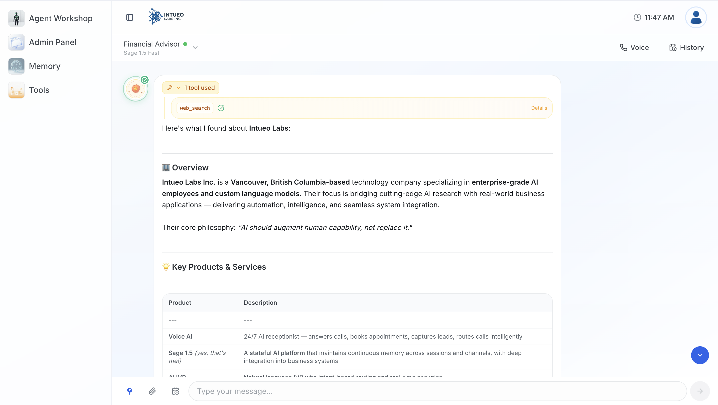 An agent running a tool call and returning a structured, cited answer