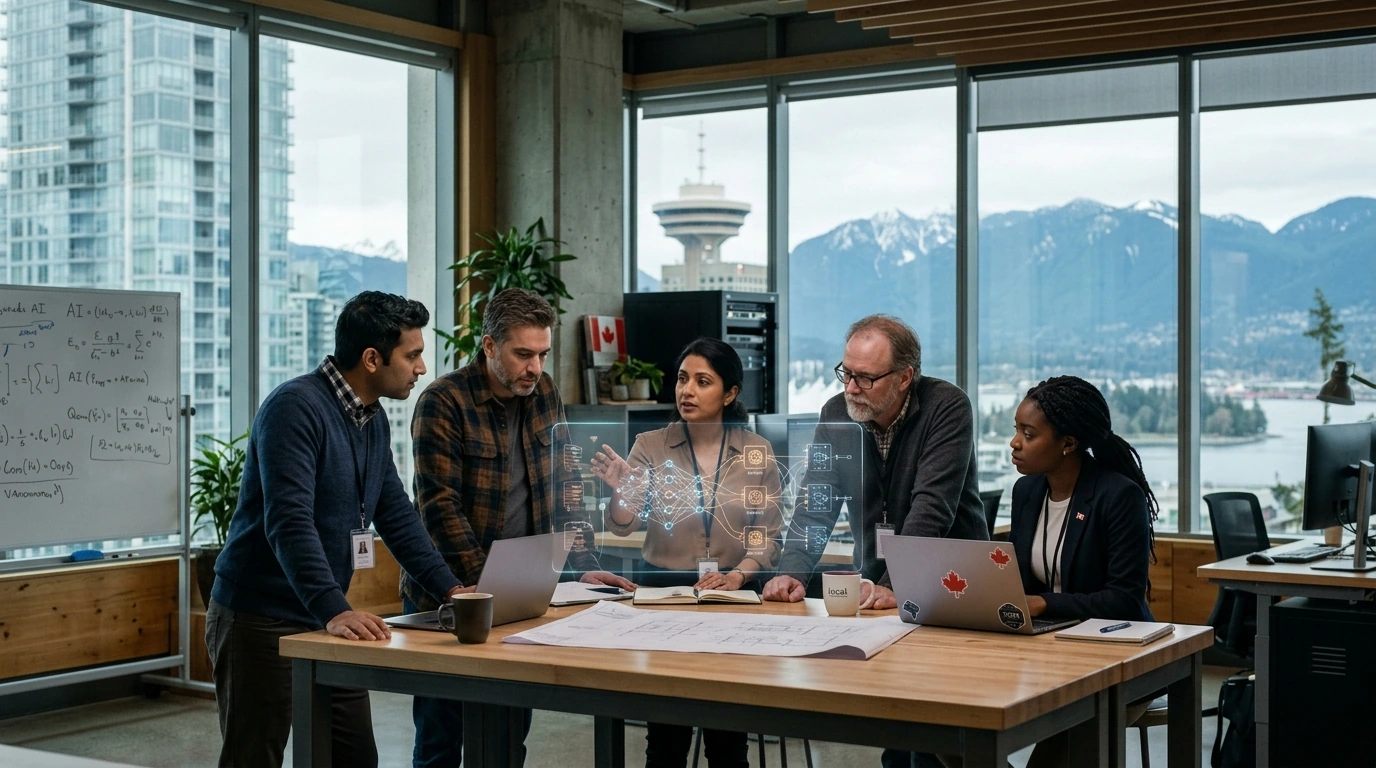Office discussion about technology, with people gathered around a table.