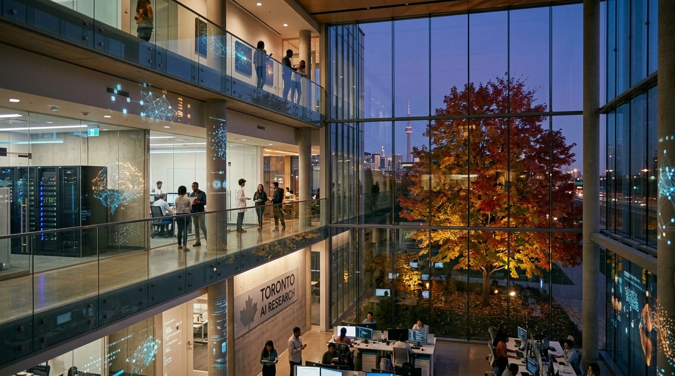 Canadian research atrium overlooking Toronto, with computing infrastructure and people.