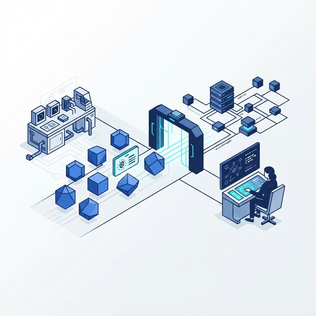 AI agents moving from a test bench into a governed enterprise network with identity credentials and a human supervisor