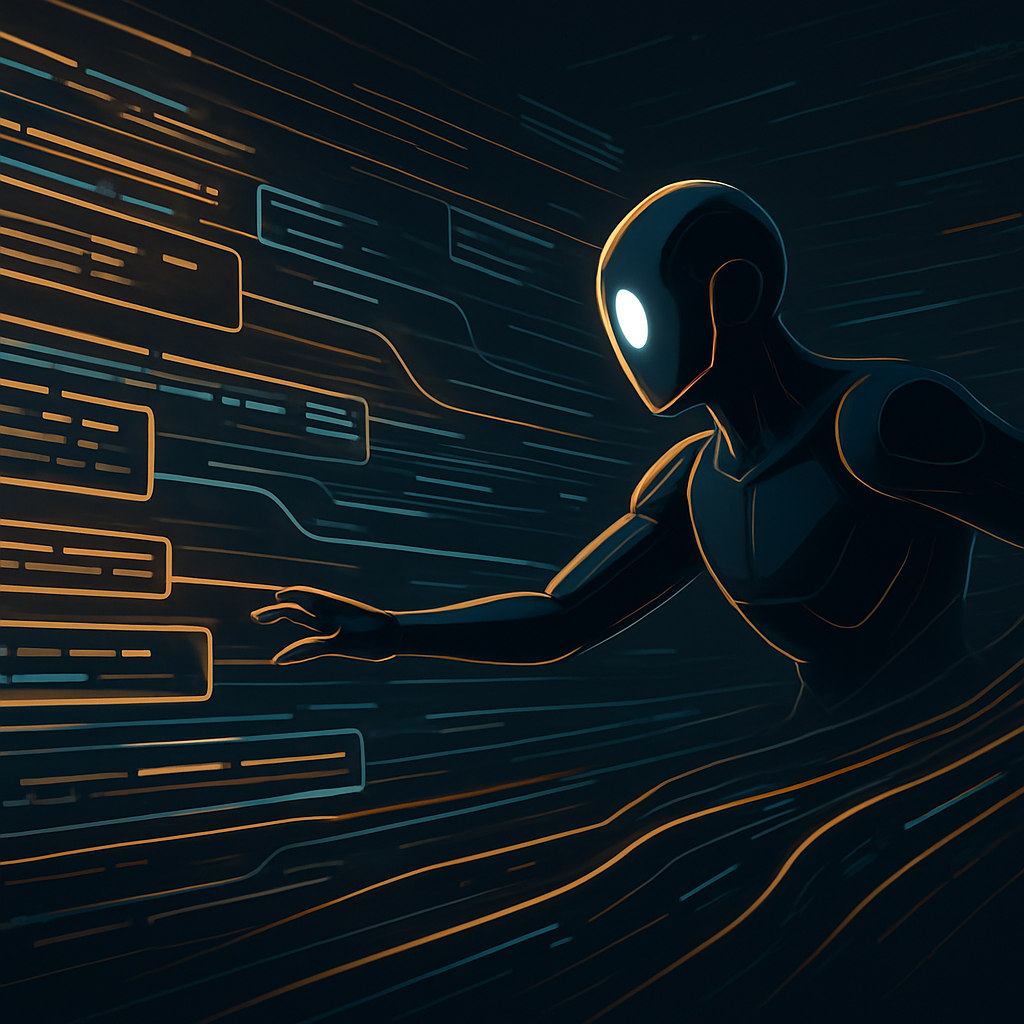 A conceptual illustration of an AI agent performing large-scale software engineering across a codebase