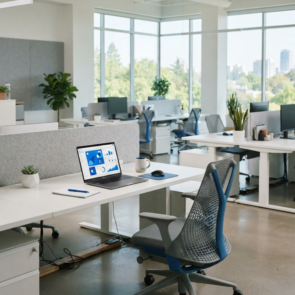 AI agent orbs with ID badges working at desks alongside human colleagues