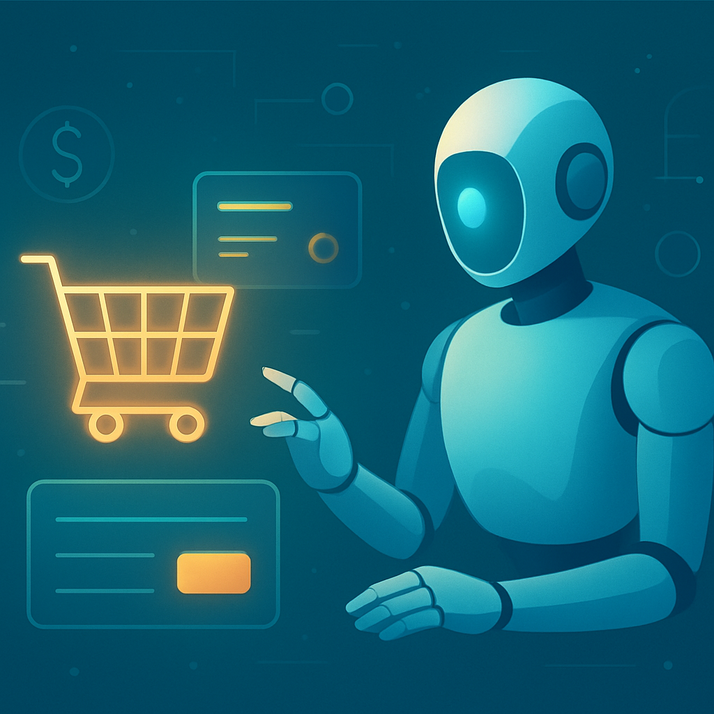 A conceptual illustration of an autonomous AI agent completing a purchase and payment