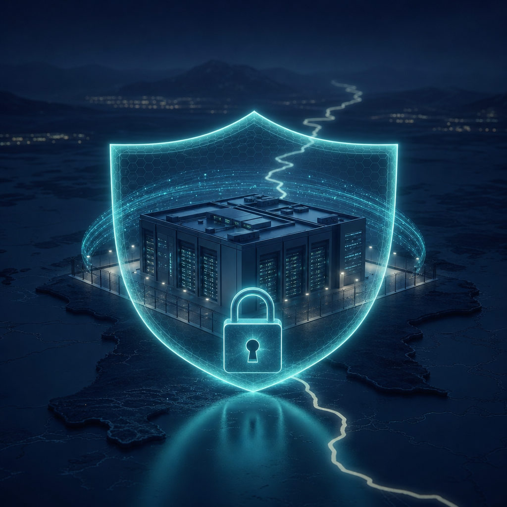 A secure US data center wrapped in a glowing shield and padlock, keeping data inside rather than crossing a faint national border