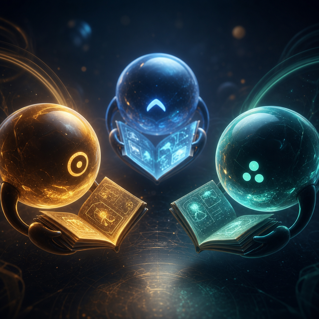 Three rival AI assistant orbs, each cradling its own glowing memory journal