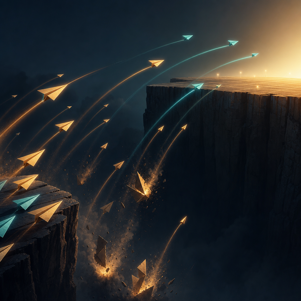 Many paper-airplane pilots crashing into a chasm while a few glide to a landing