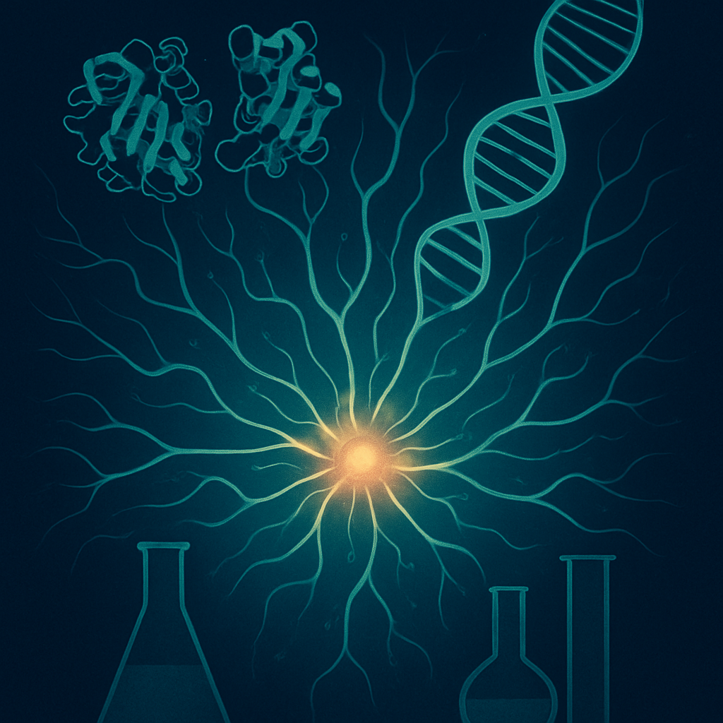 An illustration of AI accelerating scientific discovery in biology and drug design