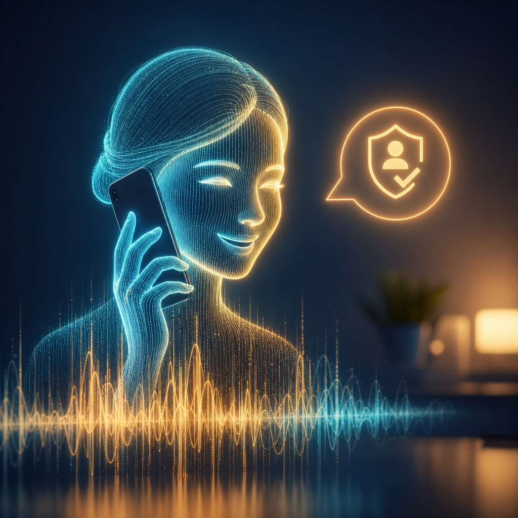 A friendly AI voice receptionist on a phone call with a clear transparency badge