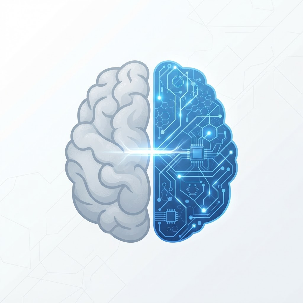 A brain rendered half as organic form and half as blue circuitry, joined by a bridge of light