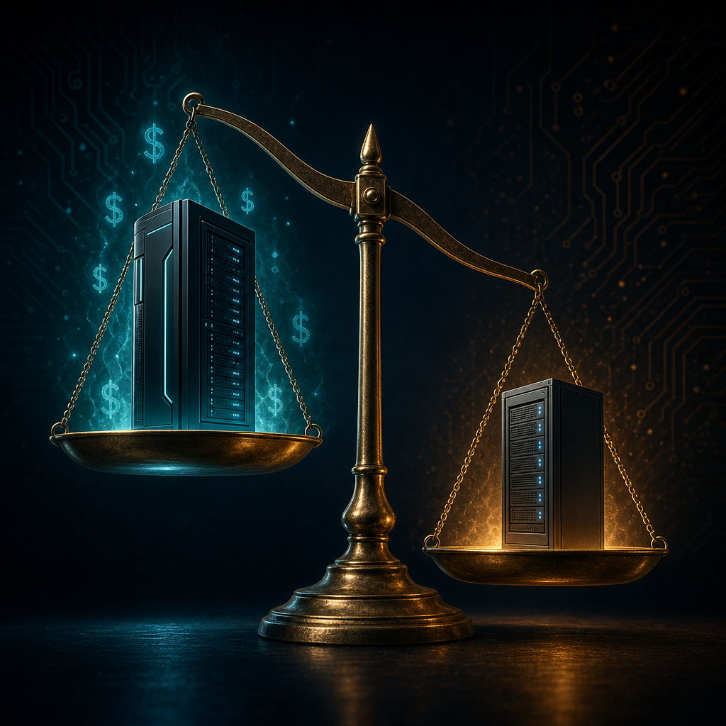 Two glowing AI server towers balanced on a brass scale, one premium and expensive, one affordable and tipping the balance