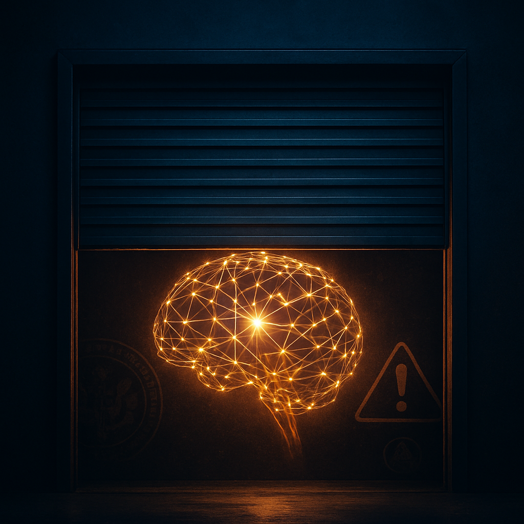 A conceptual illustration of a powerful AI model placed under government and security scrutiny