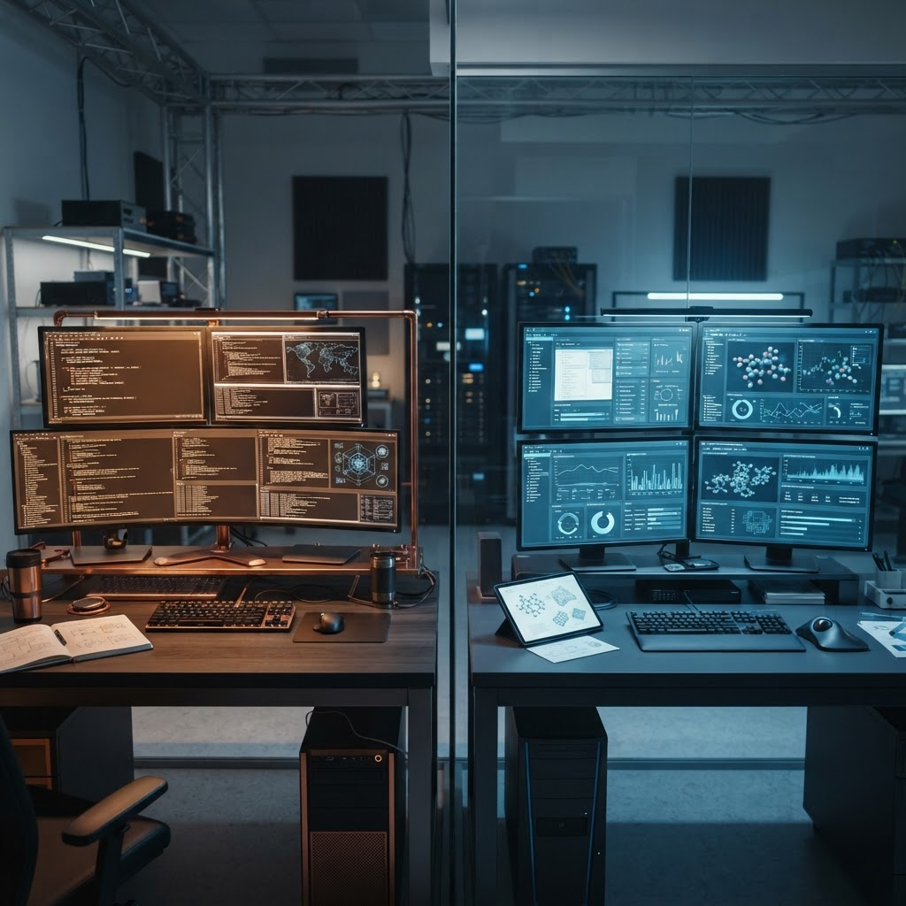 Two connected enterprise AI workstations representing Claude Fable 5.1 and GPT-6 Astra
