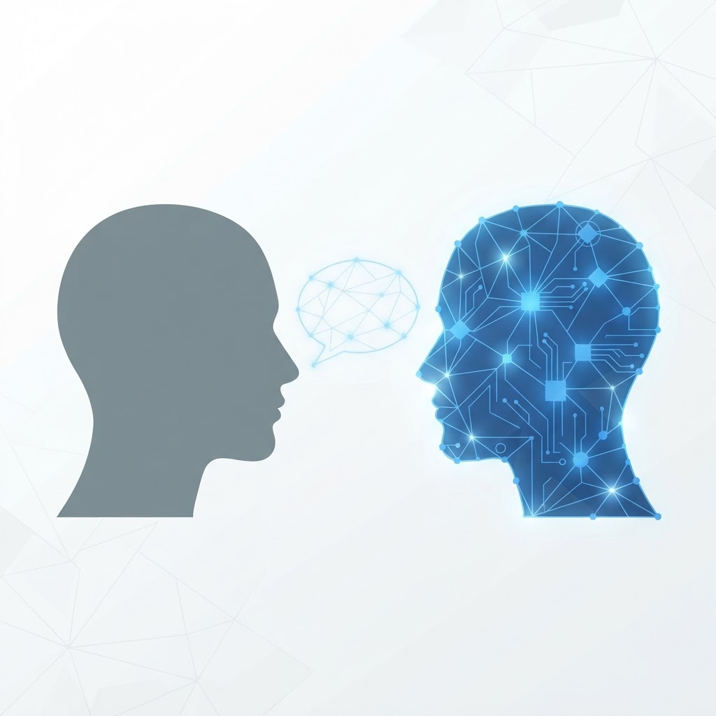 A human profile facing a reflection made of glowing blue AI circuitry