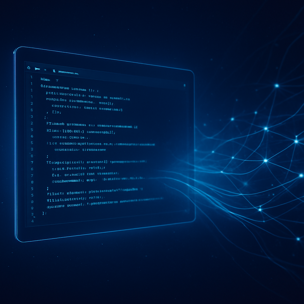 A glowing code editor representing a frontier AI model producing sophisticated, well-reasoned code