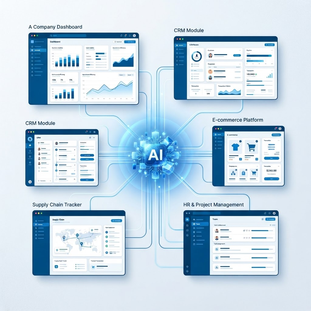 A central blue AI core connected to custom apps and a company dashboard