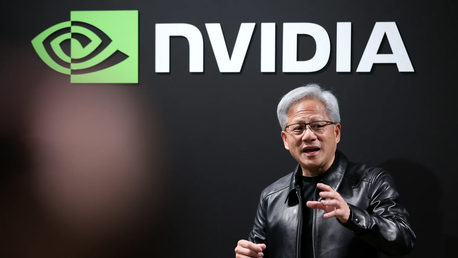 Nvidia CEO Jensen Huang speaking after the company’s Japan AI Ecosystem reception in Tokyo