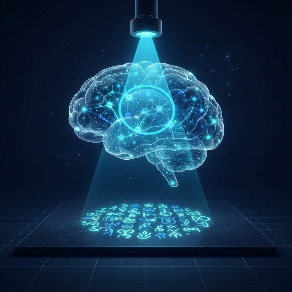A translucent neural brain with a lens beam revealing hidden glowing concepts inside