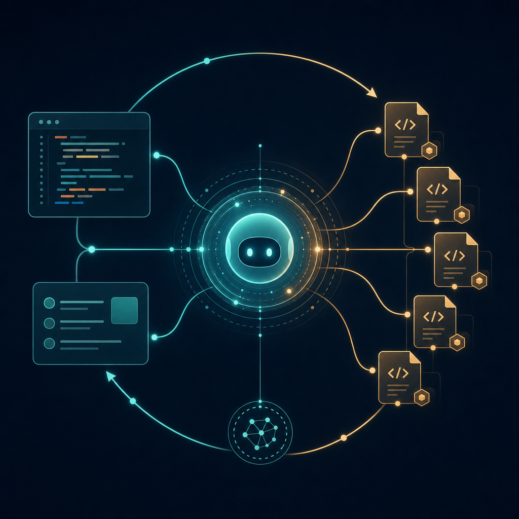 A central AI coding-agent core reading incoming code and task cards and writing out new reusable, versioned skill modules in a continuous self-improvement loop