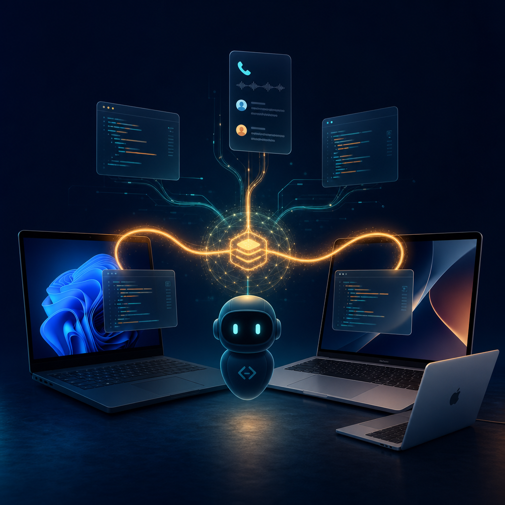 A stateful coding agent running across a Windows laptop and a Mac, connected by a single glowing memory thread, with code panels and a call-transcript card flowing into a shared memory core