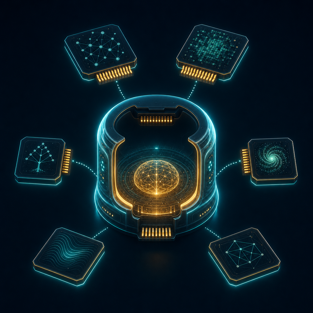 A single model-agnostic agent harness in the center with several interchangeable model chips ready to plug in, while the agent's memory core stays constant