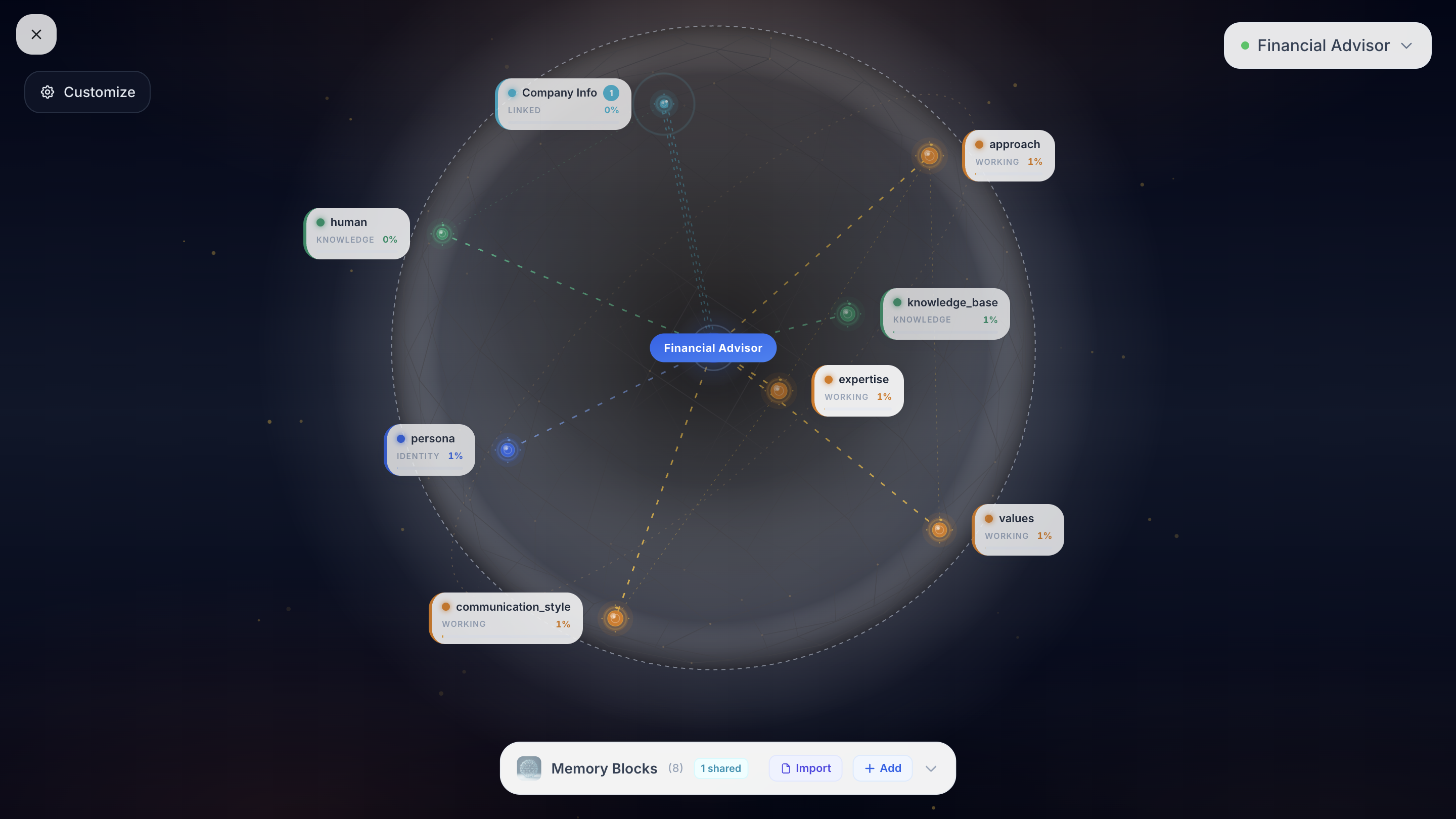 Memory network visualization showing how agents connect through shared memory blocks