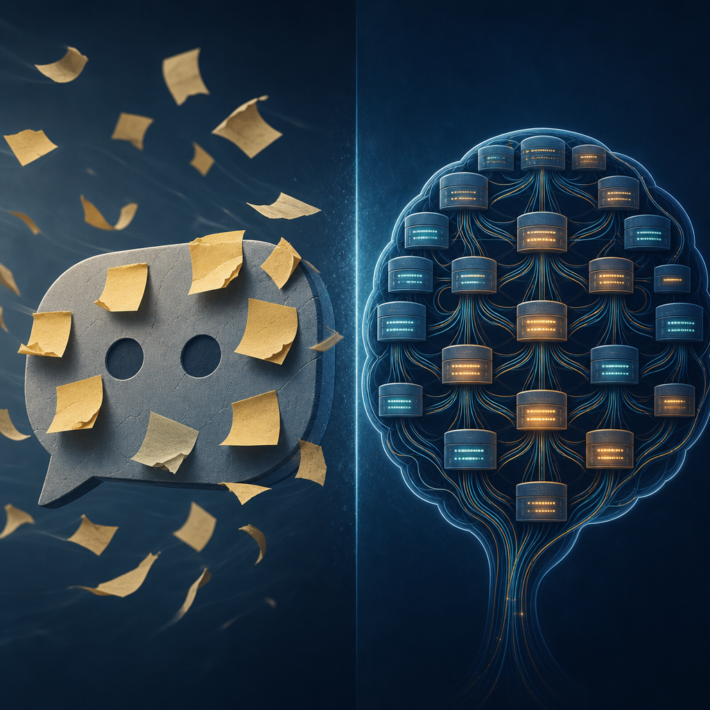 Fragile sticky notes peeling off a chatbot beside a structured, durable memory-brain