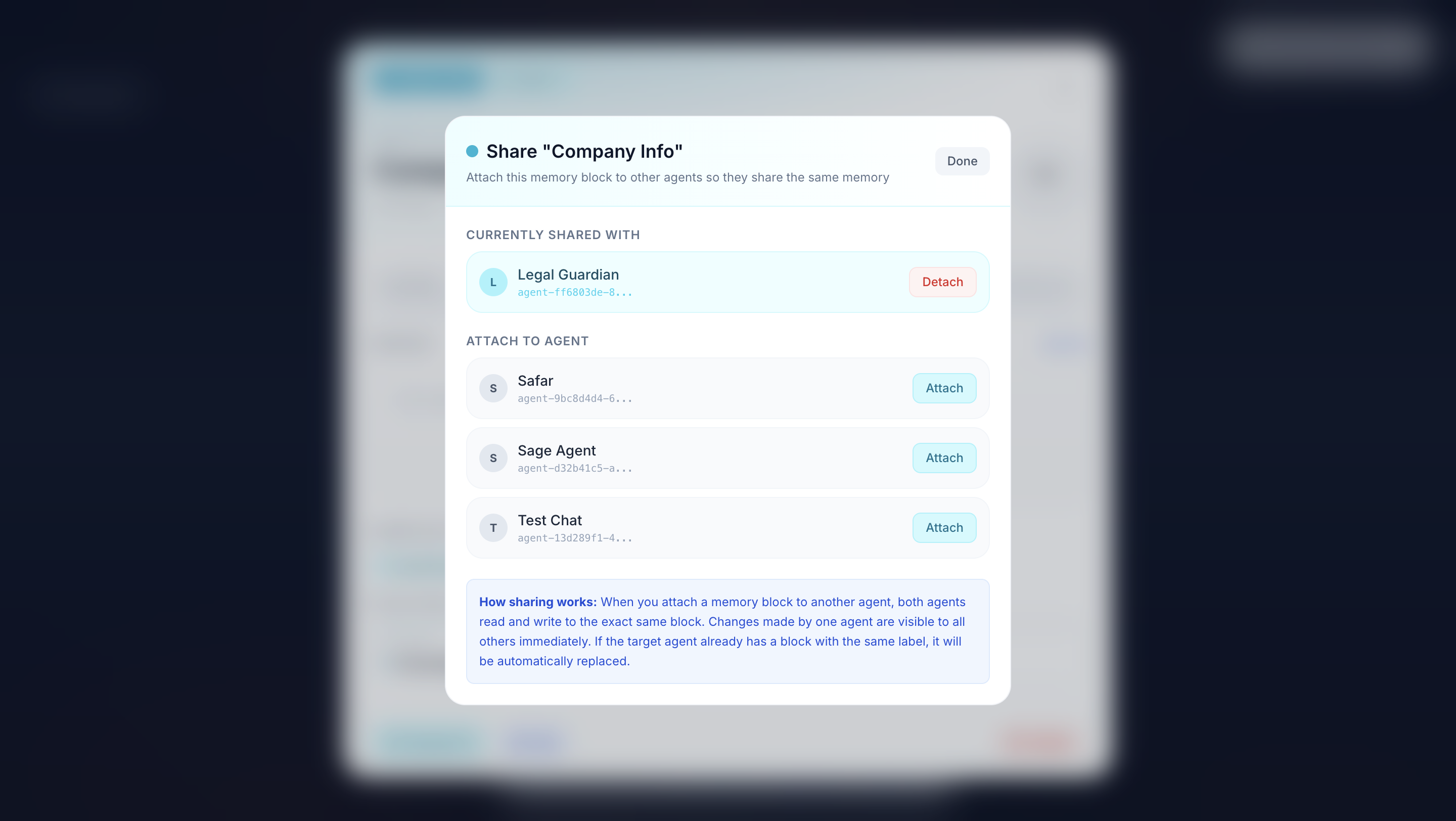 Share memory dialog showing how to attach memory blocks to multiple agents