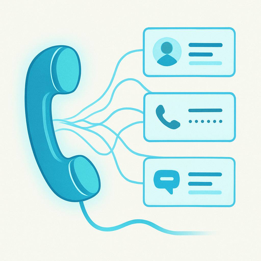 An AI phone receptionist connected to memory cards showing a returning caller's name, number, and reason for call
