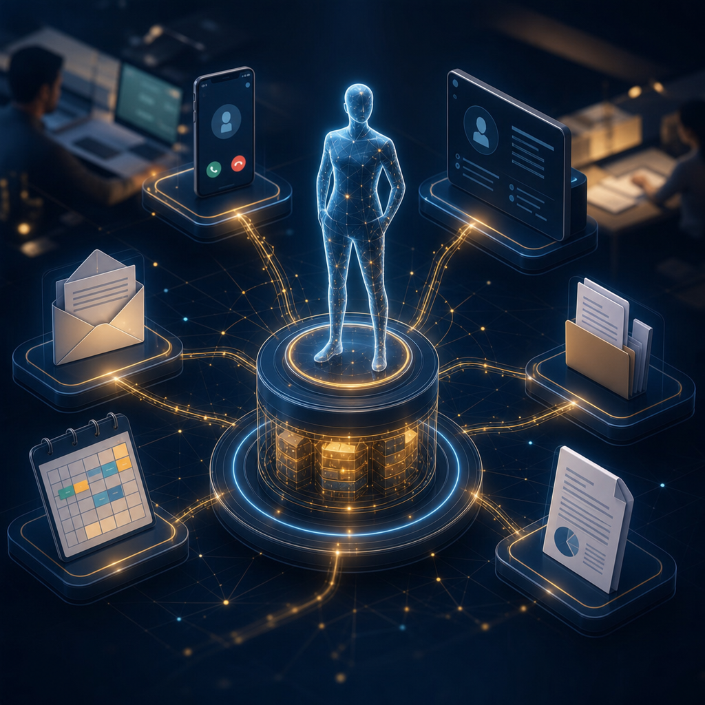 A glowing AI employee linked to phones, inboxes, calendars, and a central memory core