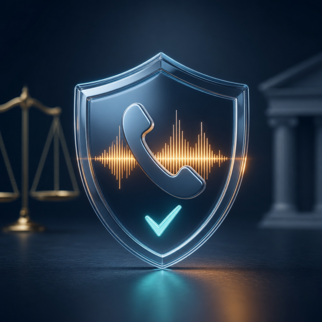 A phone call and audio waveform wrapped in a protective legal shield with a consent checkmark