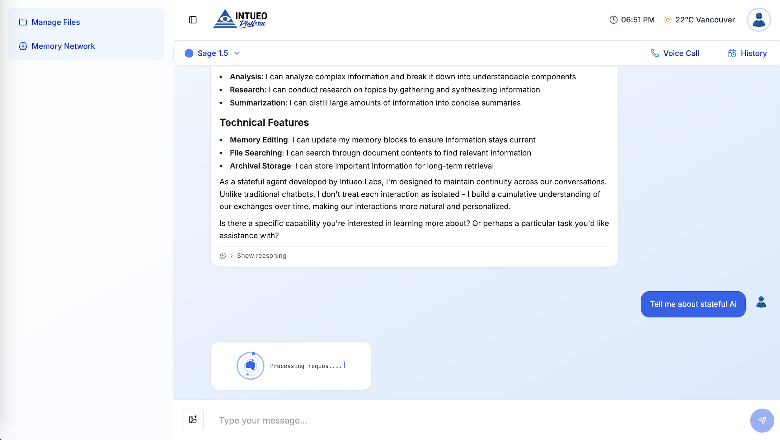 Sage 1.5 Platform Interface showing conversation capabilities, memory features, and file management