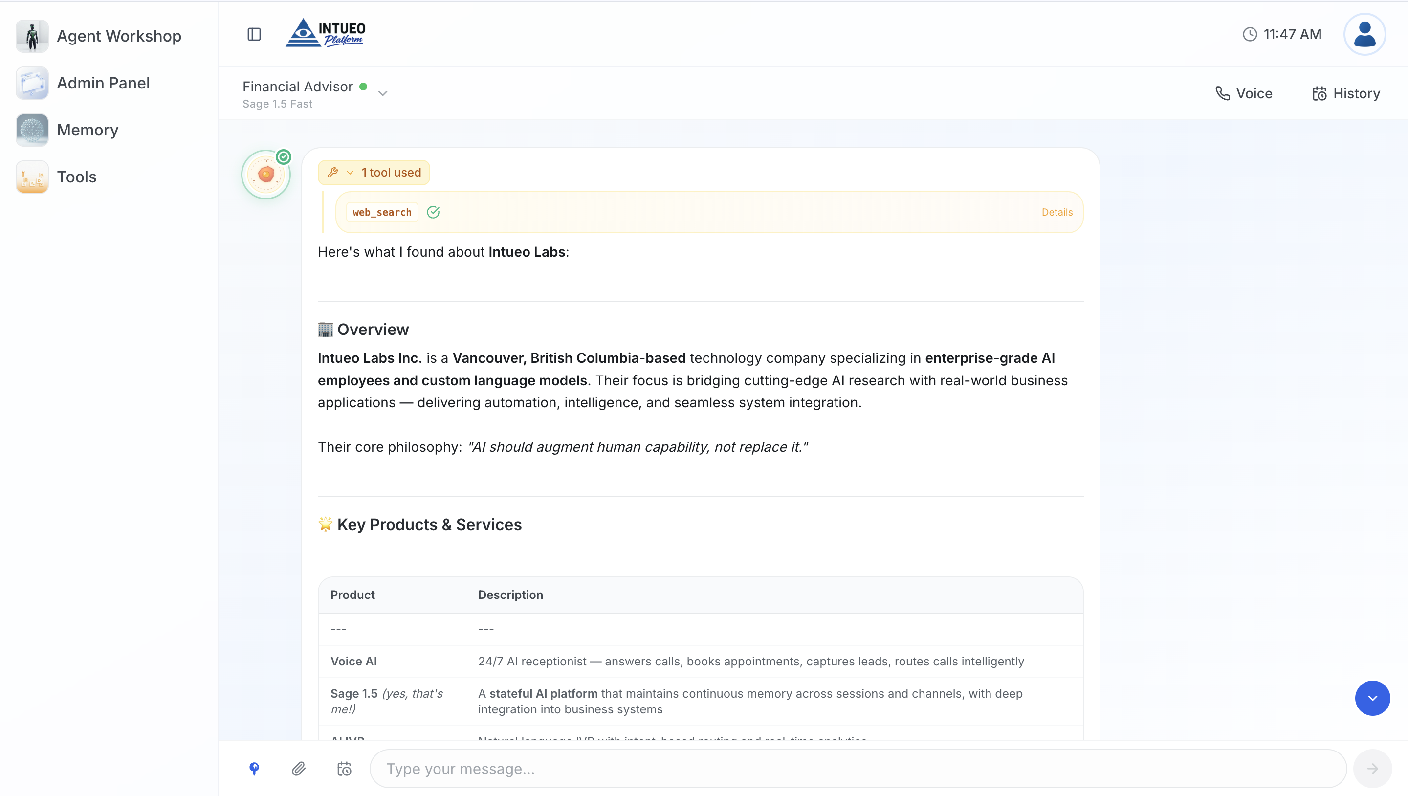 Sage 1.5 chat interface showing a Financial Advisor agent answering with a structured response