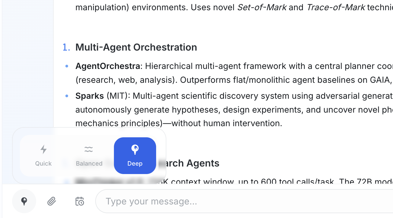 Reasoning effort selector in the chat composer showing Quick, Balanced, and Deep modes