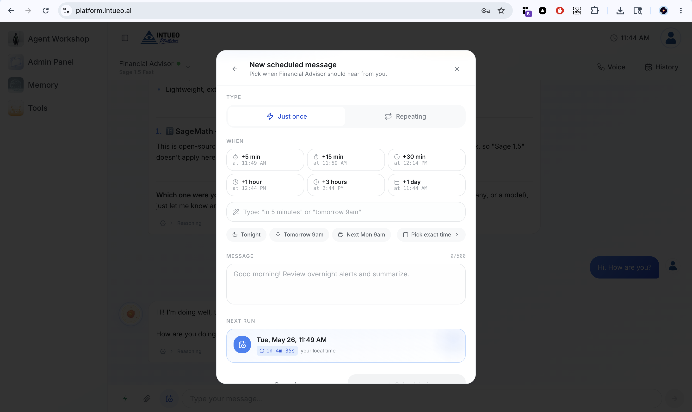 Scheduled message dialog letting the user pick when an agent should reach out