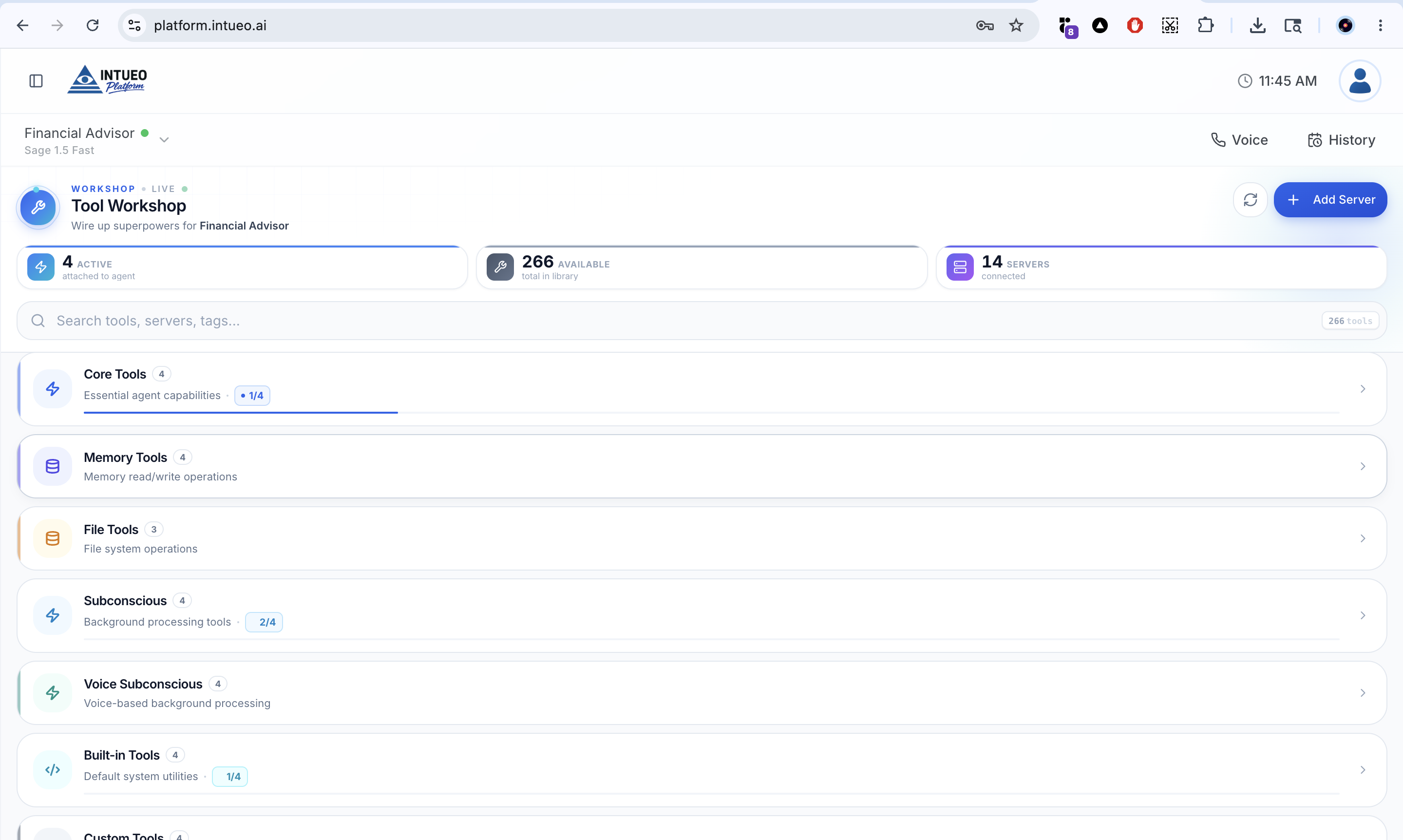 Tool Workshop interface showing categories of tools and active server connections