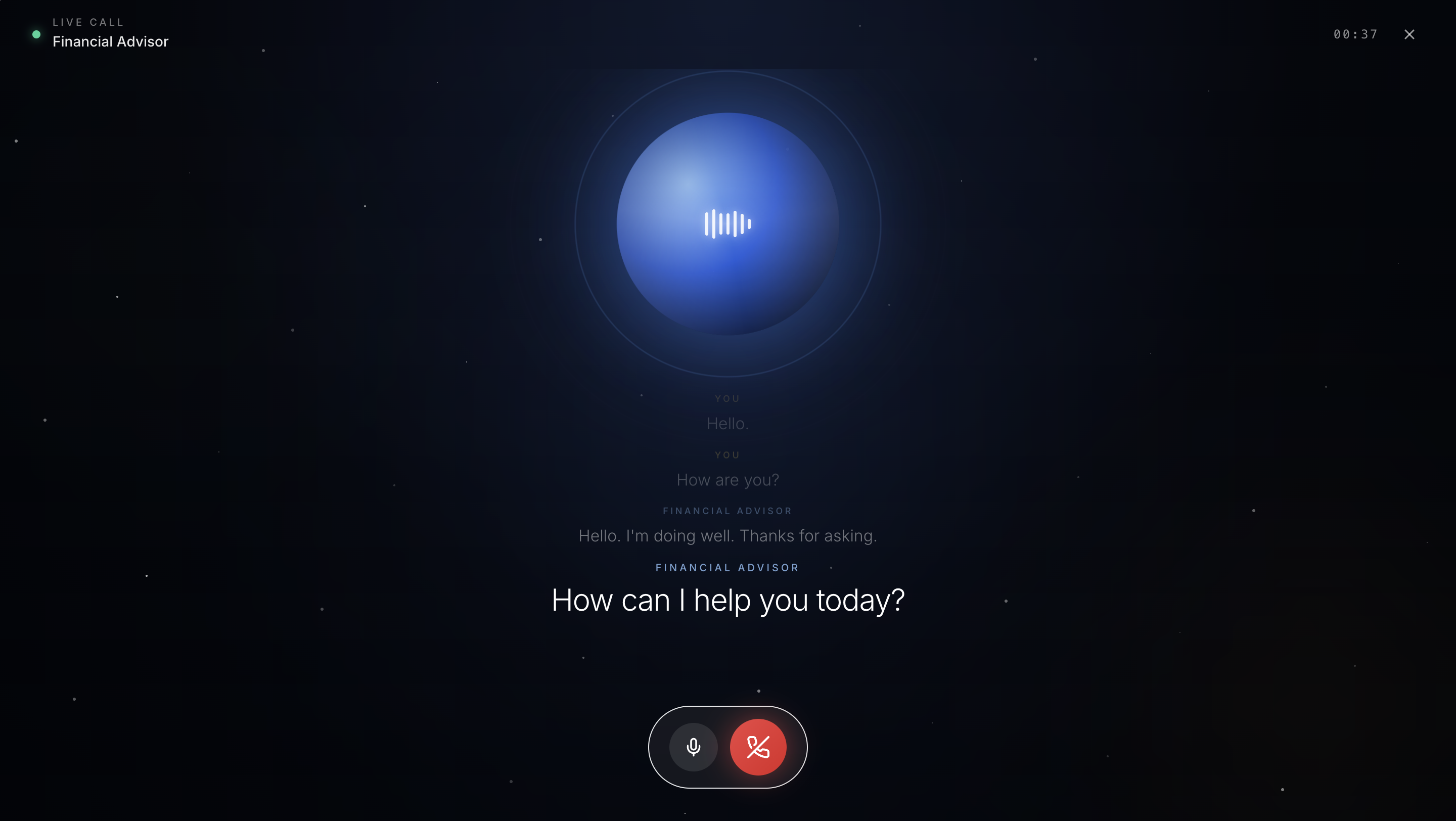 Live voice call interface with the Financial Advisor agent